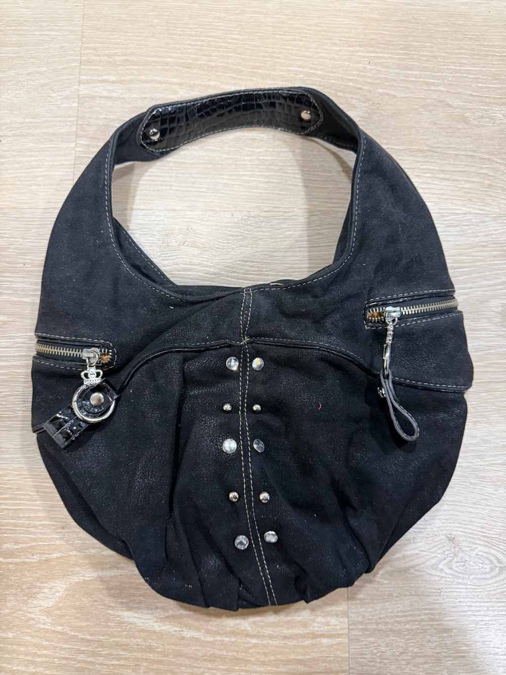 Kathy Van Zeeland Vintage Y2K Black Studded Suede Hobo Bag